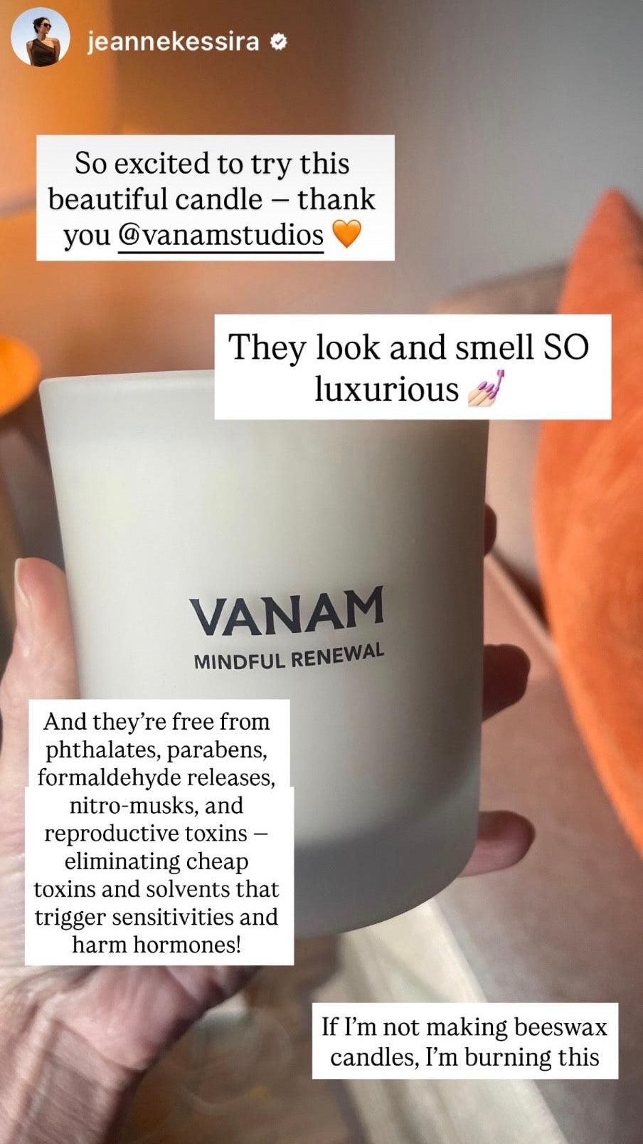 Customer review of Vanam MINDFUL RENEWAL beeswax candle —  free from phthalates and parabens