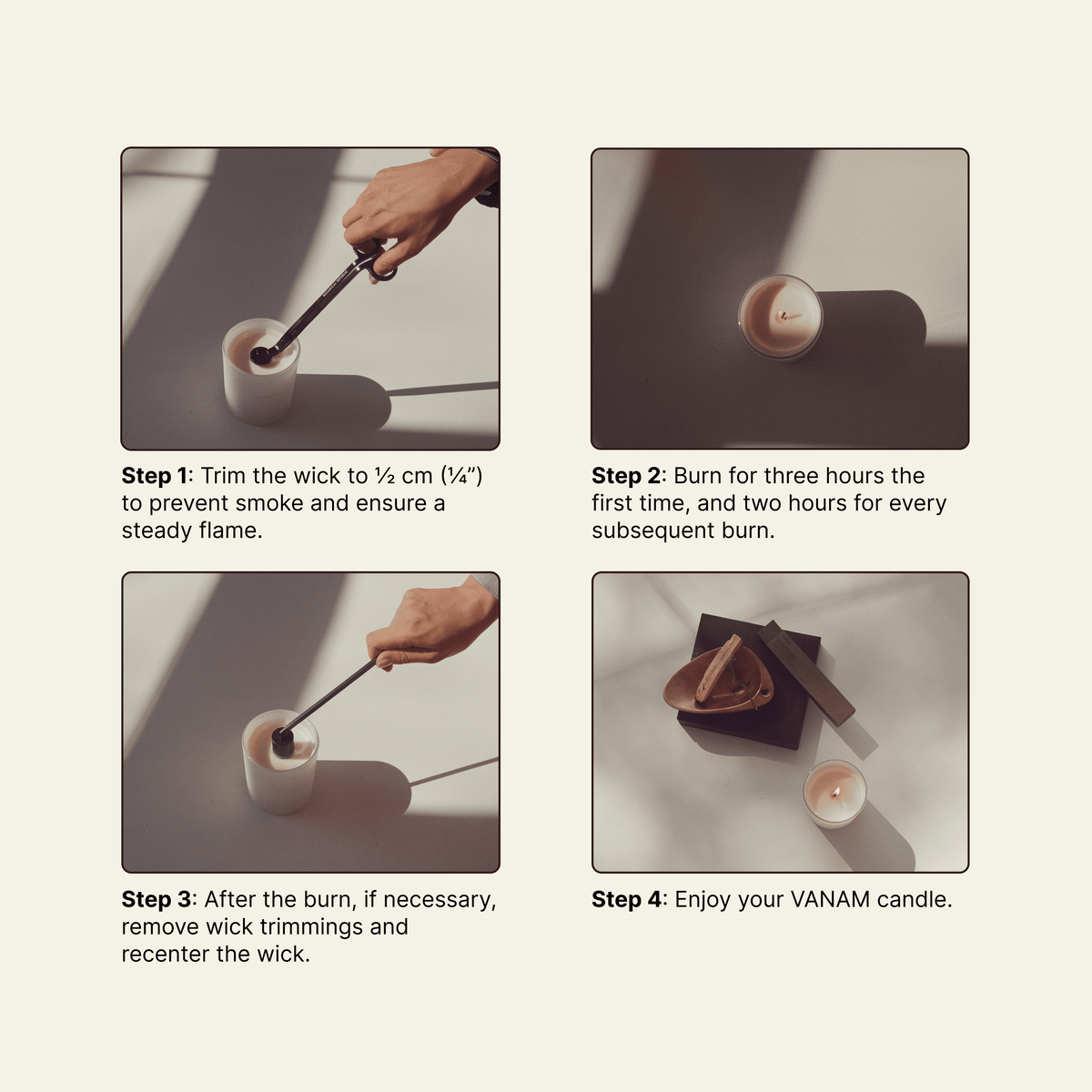 VANAM beeswax candle care guide — how to get the best burn
